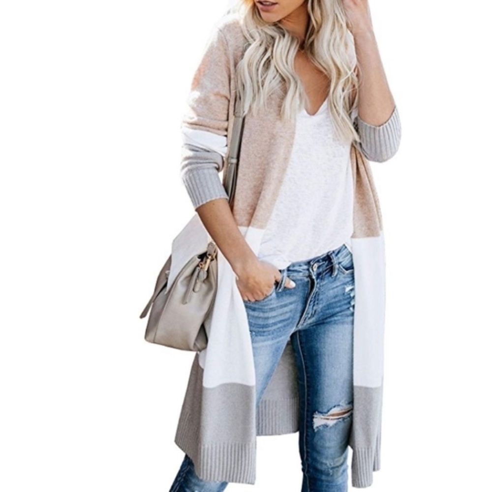 Boho Open Front Neutral Colorblock White Tan Gray Cardigan Career Duster Work M
